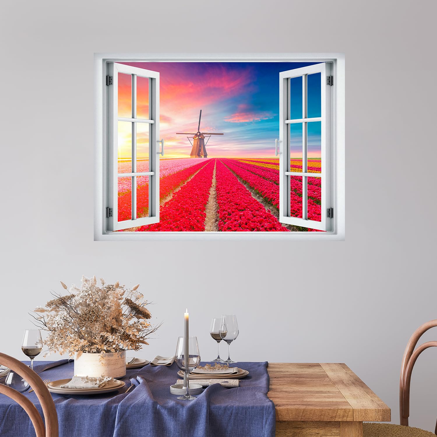 wall26 Removable Wall Sticker/Wall Mural Window View Vibrant Sunset Dutch Windmill Flower Field Nature Wilderness Photography Realism Landscape Multicolor for Living Room  Bedroom  Office - 24''x32''
